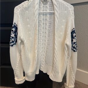 Open-Front Cable Knit Cardigan with Navy Elbow Patches - Unknown Brand